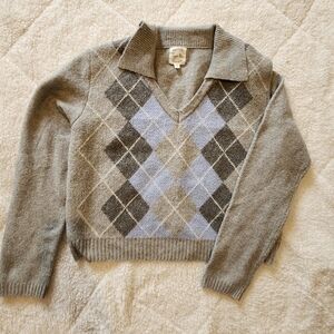 Hippie Rose Juniors' Polo-Collar Preppy Argyle Sweater Gray Cropped Size XL